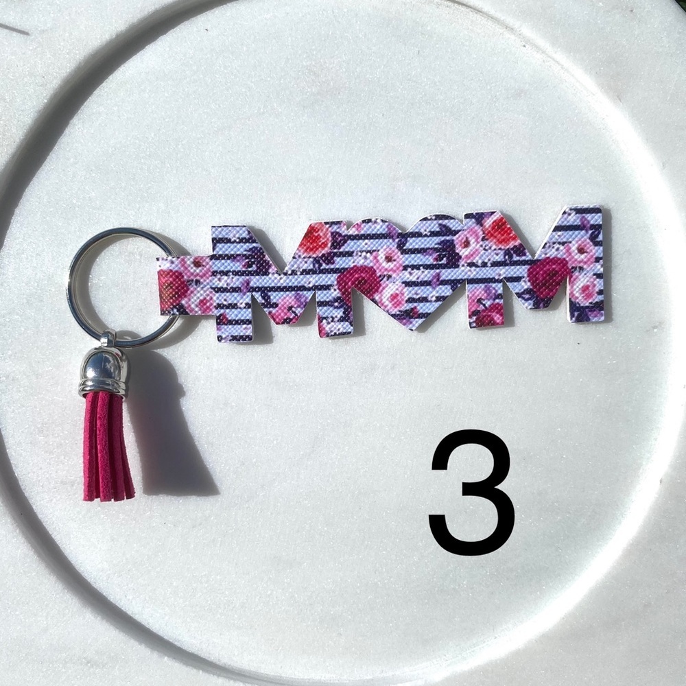 Handmade striped floral “MOM” keychain